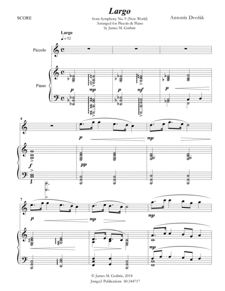 Free Sheet Music Dvo K Largo From The New World Symphony For Piccolo Piano