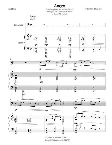 Free Sheet Music Dvo K Largo From The New World Symphony For Trombone Piano