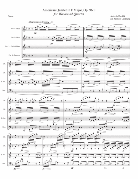 Dvorak American Quartet No 12 For Double Reed Quartet Sheet Music