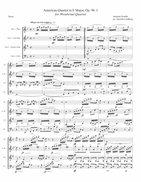 Dvorak American Quartet No 12 For Mixed Woodwind Quartet Sheet Music