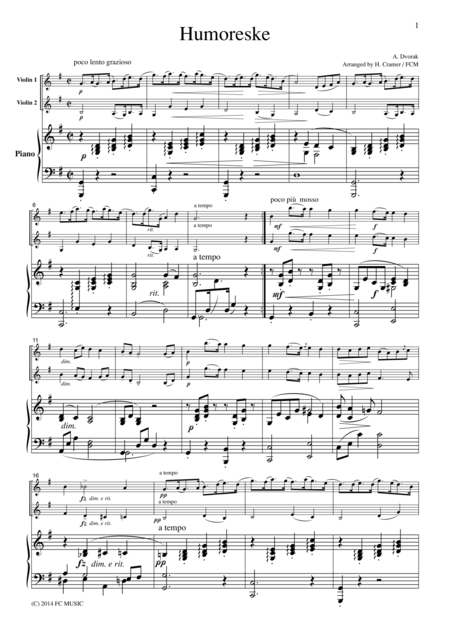 Free Sheet Music Dvorak Humoreske For 2 Violins Piano Vn211