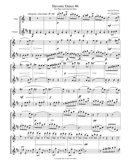 Dvorak Slavonic Dance 6 For Flute And Clarinet Duet Sheet Music