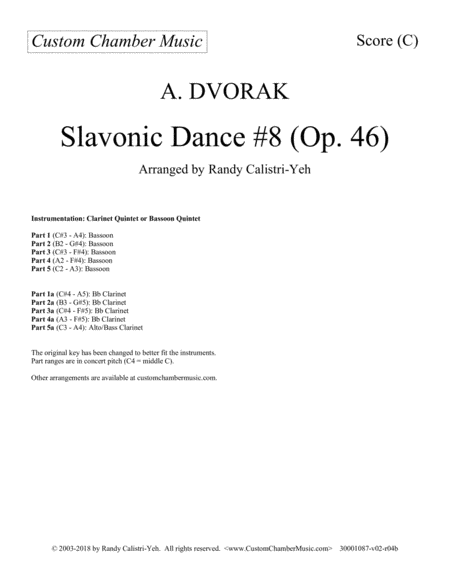 Free Sheet Music Dvorak Slavonic Dance 8 Clarinet Quintet Or Bassoon Quintet