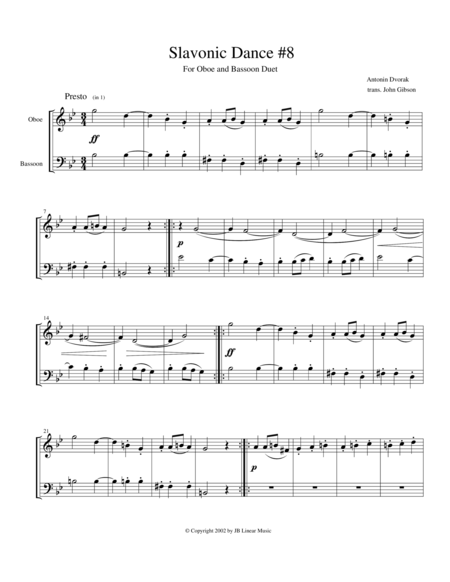 Dvorak Slavonic Dance 8 For Oboe And Bassoon Duet Sheet Music