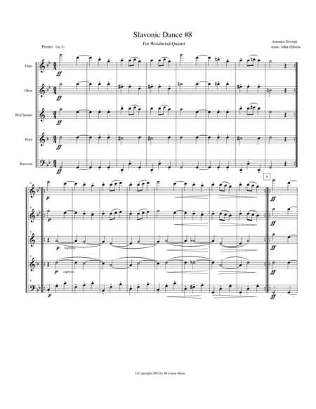 Dvorak Slavonic Dance 8 For Woodwind Quintet Sheet Music