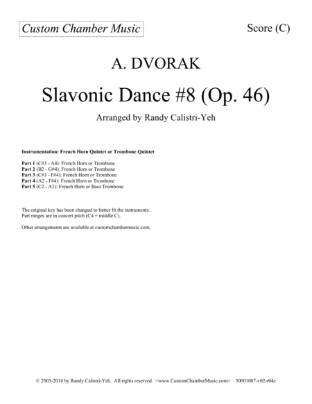 Dvorak Slavonic Dance 8 French Horn Quintet Or Trombone Quintet Sheet Music