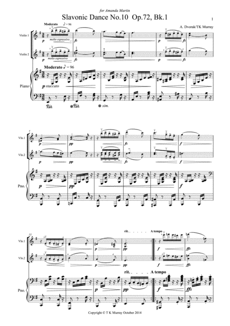 Free Sheet Music Dvorak Slavonic Dance No 10 Op 72 2 Violins Violin Duo Violin Group Piano