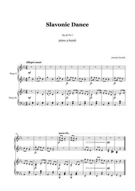 Free Sheet Music Dvorak Slavonic Dance Op 46 No 7 1 Piano 4 Hands