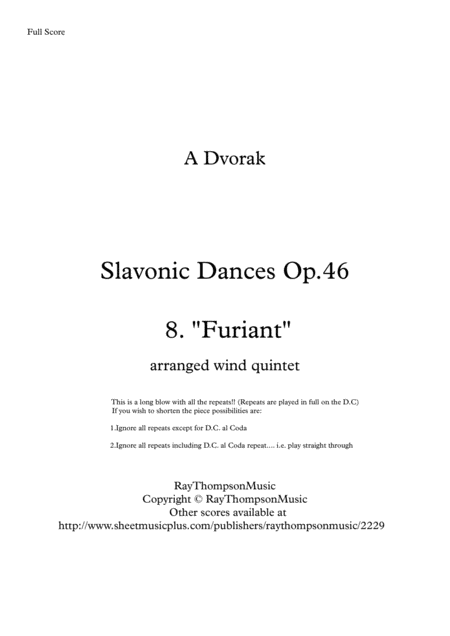 Free Sheet Music Dvorak Slavonic Dances Op 46 No 8 In G Minor Furiant Wind Quintet