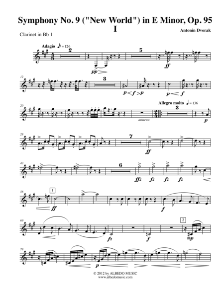 Dvorak Symphony No 9 New World Movement I Clarinet In Bb 1 Transposed Part Op 95 Sheet Music