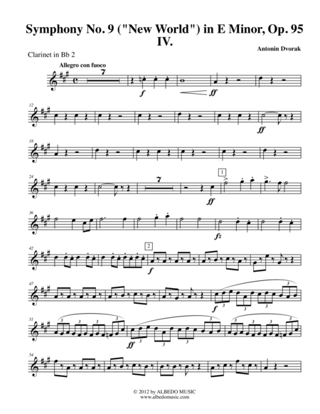 Dvorak Symphony No 9 New World Movement Iv Clarinet In Bb 2 Transposed Part Op 95 Sheet Music