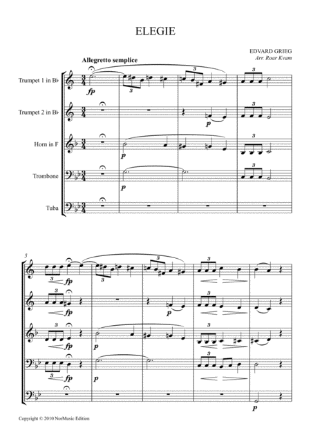 E Grieg Elegie Brass Quintet Sheet Music