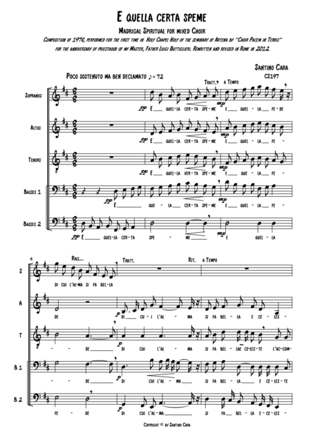 Free Sheet Music E Quella Certa Speme Madrigal Spiritual For Choir Satbb A Cappella