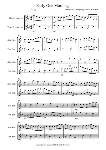 Free Sheet Music Early One Morning For Alto And Tenor Saxophone Duet