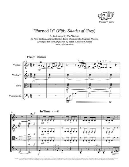 Earned It Fifty Shades Of Grey String Quartet The Weeknd Arr Cellobat Sheet Music