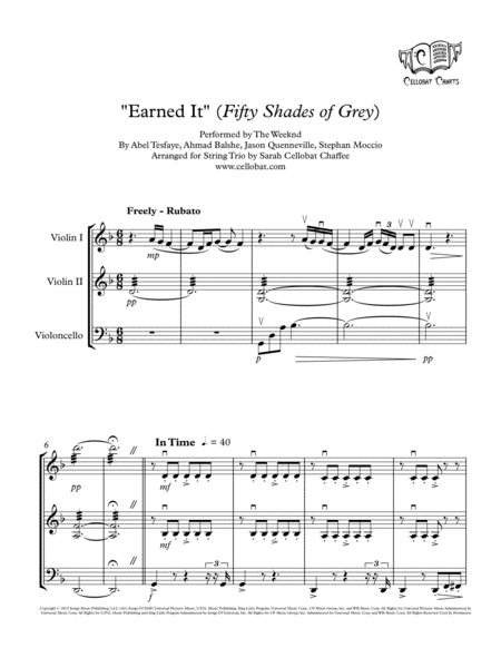 Free Sheet Music Earned It Fifty Shades Of Grey String Trio 2 Violins Cello The Weeknd Arr Cellobat Recording Available