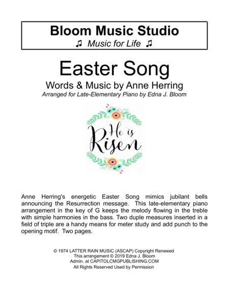 Easter Song Hear The Bells Ringing Late Elementary Early Intermediate Sheet Music