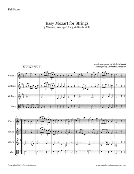 Easy Mozart For Strings 3 Minuets Arranged For 3 Violins Viola Sheet Music