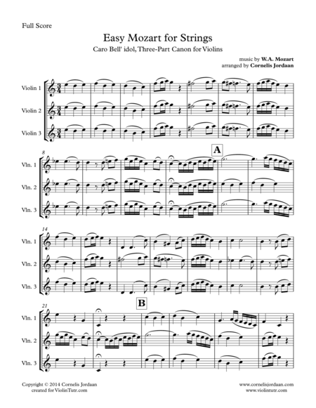 Easy Mozart For Strings Caro Bell Idol Three Part Canon For Violins Sheet Music