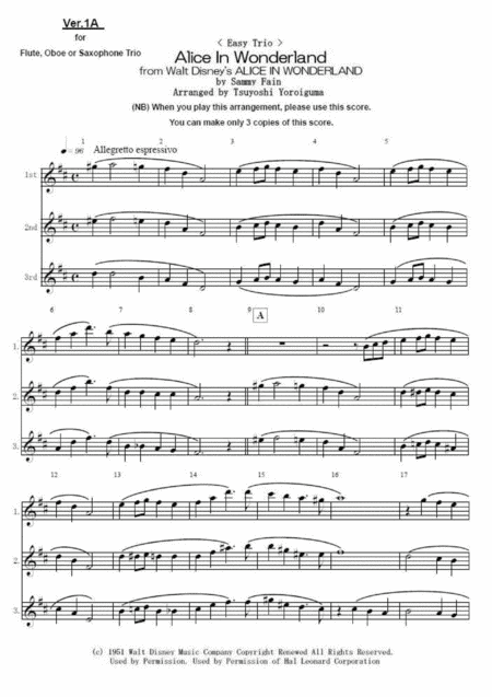 Easy Trio Alice In Wonderland From Walt Disneys Alice In Wonderland Sheet Music