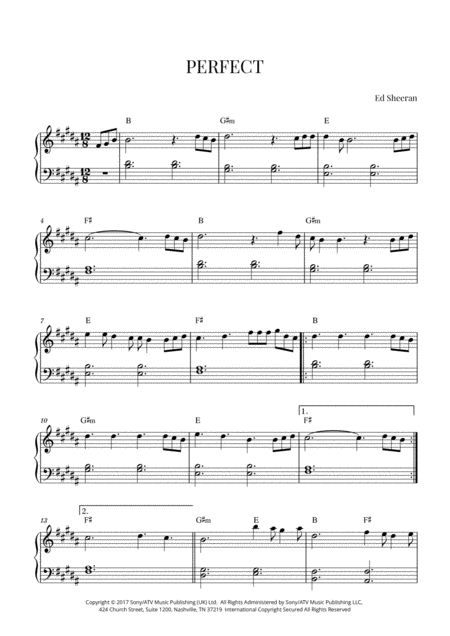 Ed Sheeran Perfect Early Intermediate Piano B Major Sheet Music