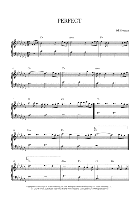 Ed Sheeran Perfect Early Intermediate Piano C Flat Major Sheet Music