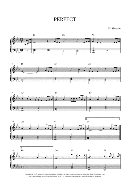 Free Sheet Music Ed Sheeran Perfect Early Intermediate Piano E Flat Major