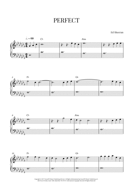 Ed Sheeran Perfect Easy Beginner Piano C Flat Major Sheet Music