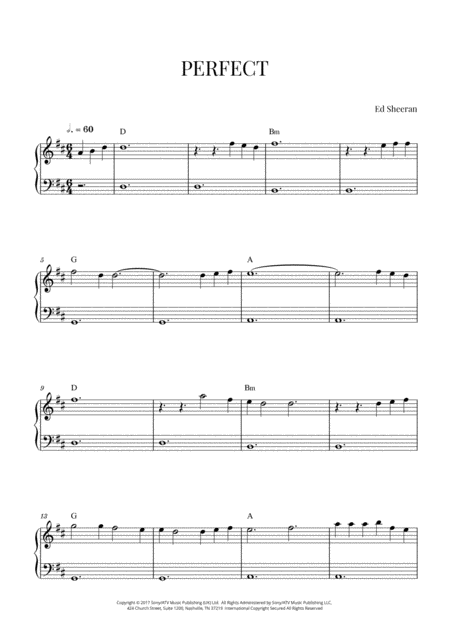 Ed Sheeran Perfect Easy Beginner Piano D Major Sheet Music