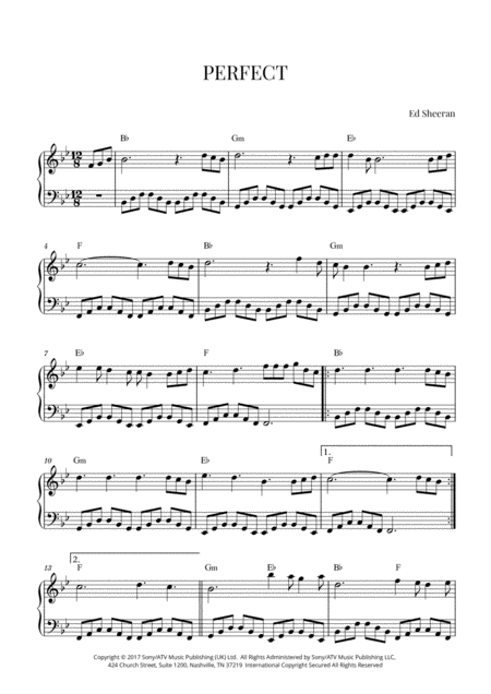 Ed Sheeran Perfect Easy Intermediate Piano B Flat Major Sheet Music