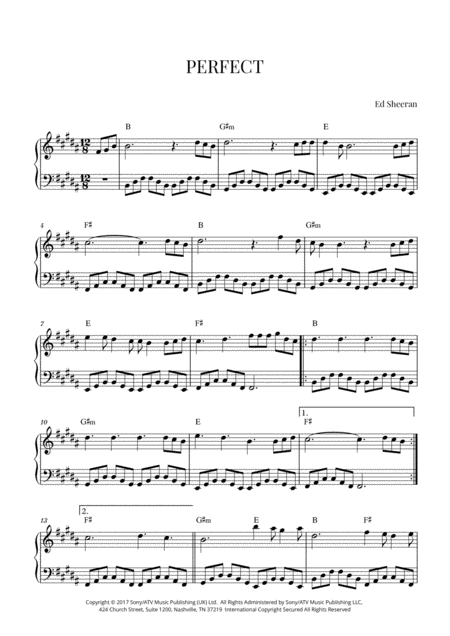 Ed Sheeran Perfect Easy Intermediate Piano B Major Sheet Music