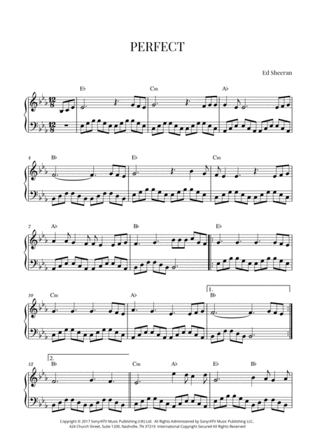 Ed Sheeran Perfect Easy Intermediate Piano E Flat Major Sheet Music