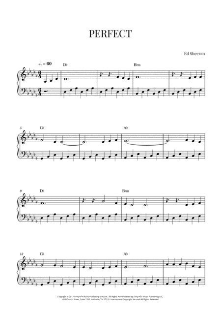 Ed Sheeran Perfect Easy Piano D Flat Major Sheet Music