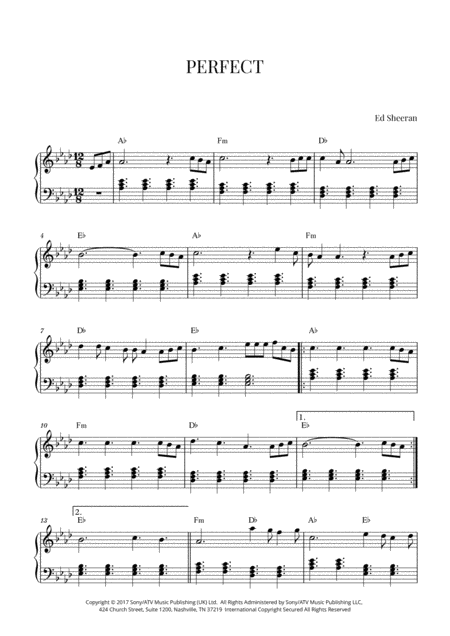 Ed Sheeran Perfect Intermediate Piano A Flat Major Original Key Sheet Music