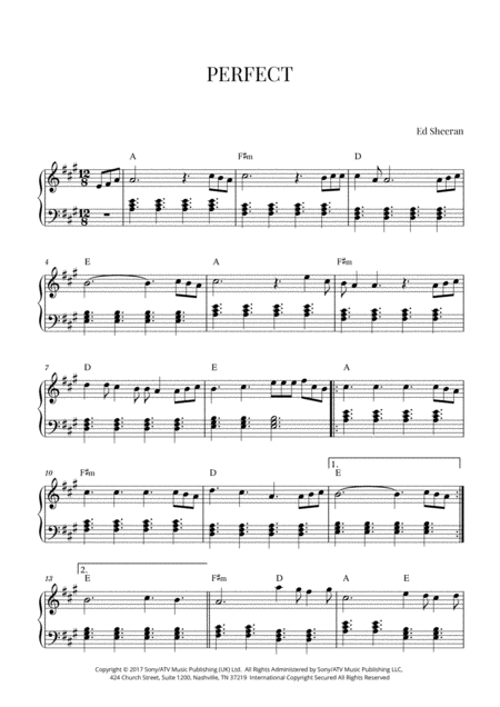 Free Sheet Music Ed Sheeran Perfect Intermediate Piano A Major