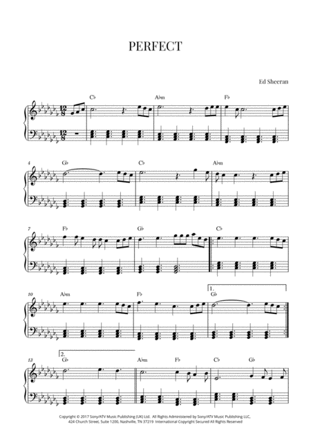 Free Sheet Music Ed Sheeran Perfect Intermediate Piano C Flat Major