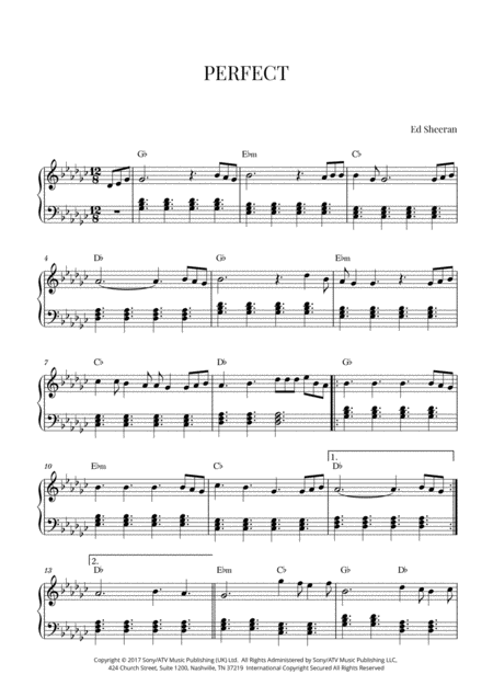 Free Sheet Music Ed Sheeran Perfect Intermediate Piano G Flat Major