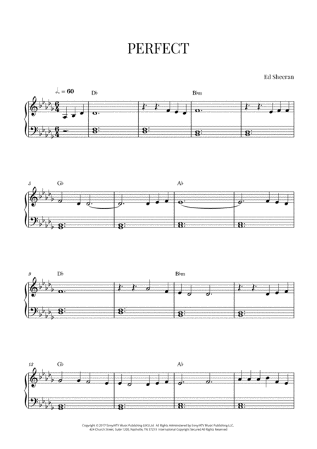 Ed Sheeran Perfect Very Easy Piano D Flat Major Sheet Music