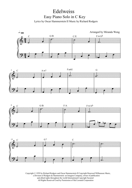 Free Sheet Music Edelweiss Easy Piano Solo In C Key With Chords