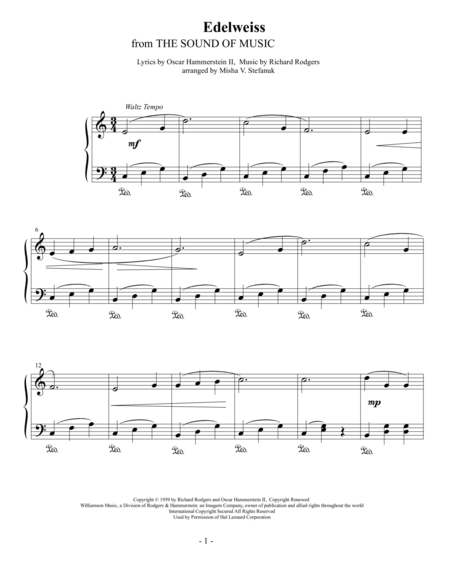 Free Sheet Music Edelweiss Easy Piano Solo