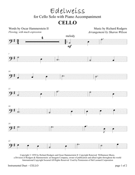 Edelweiss For Cello Solo With Piano Accompaniment Sheet Music