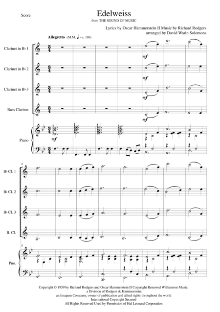 Free Sheet Music Edelweiss For Clarinet Quartet And Piano