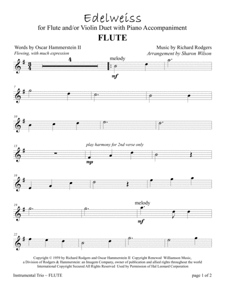 Edelweiss For Flute And Or Violin Duet With Piano Accompaniment Sheet Music