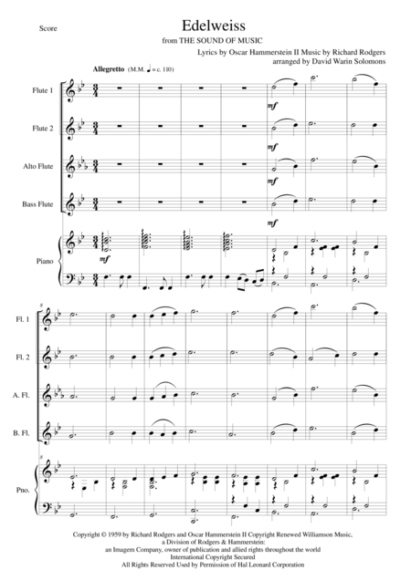 Free Sheet Music Edelweiss For Flute Quartet And Piano