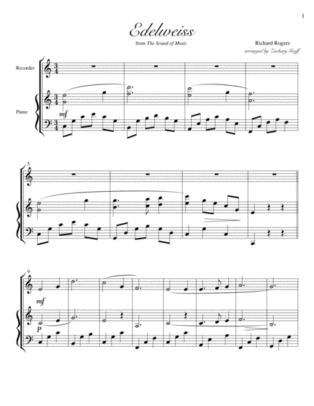 Free Sheet Music Edelweiss For Soprano Recorder And Piano