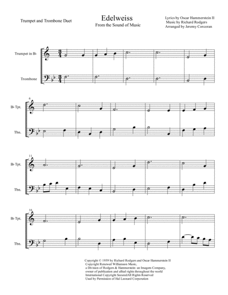 Free Sheet Music Edelweiss For Trumpet And Trombone