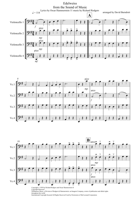 Edelweiss From The Sound Of Music For Cello Quartet Sheet Music