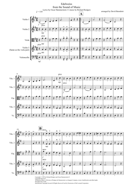 Free Sheet Music Edelweiss From The Sound Of Music For String Quartet