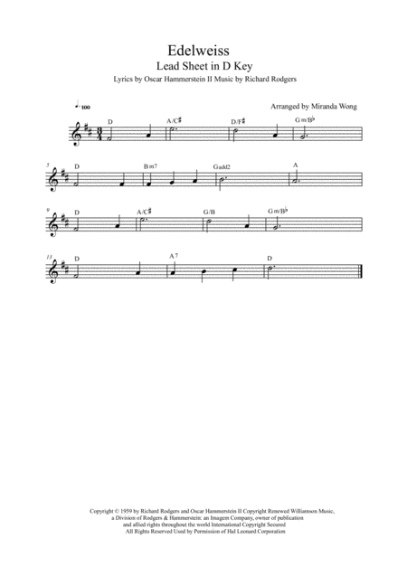 Edelweiss Lead Sheet In 4 Keys With Chords Sheet Music