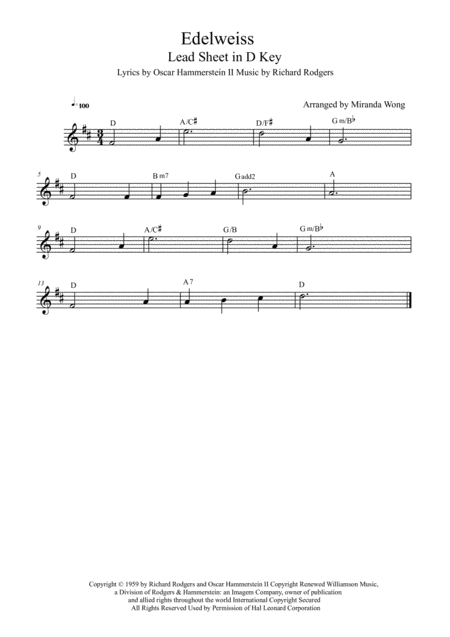 Edelweiss Lead Sheet In D Key With Chords Sheet Music